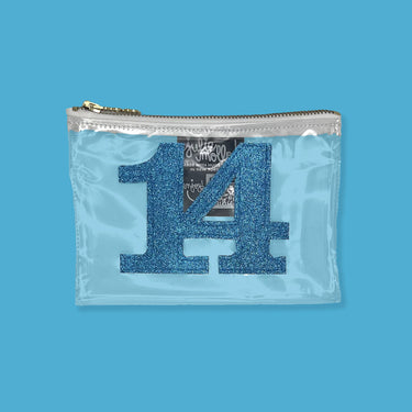 clear vinyl zipper pouch for stadiums with the number 14 appliqued in blue on a blue background