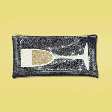 white and gold sparkly champagne glass on black glitter vinyl clutch bag by Julie Mollo