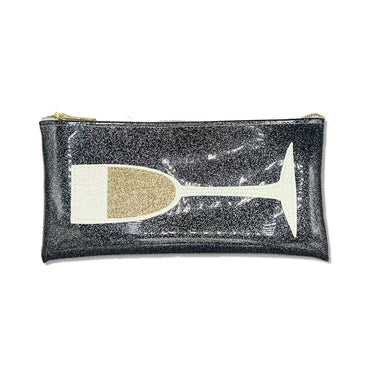 white and gold sparkly champagne glass on black glitter vinyl clutch cosmetic bag by Julie Mollo