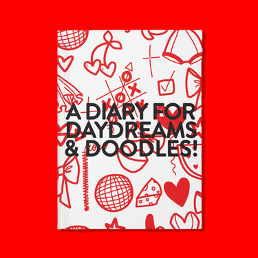 Red Doodle Print Journal – Fun Hand-Drawn Hearts, Bows & Fashion Icons on White Cover