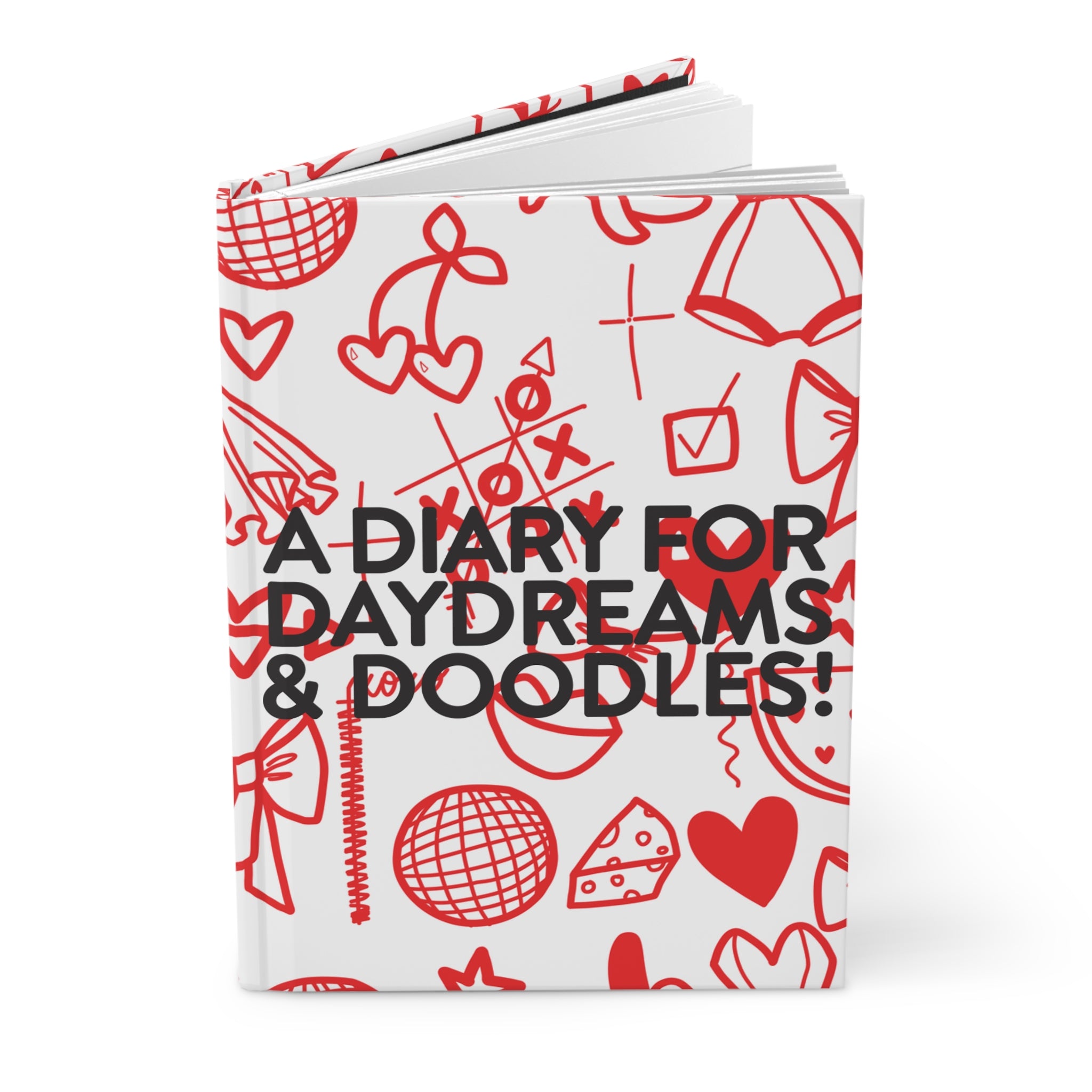 Red Doodle Print Journal – Fun Hand-Drawn Hearts, Bows & Fashion Icons on White Cover
