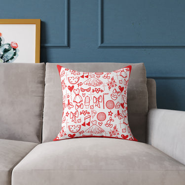 Red Doodle Print Throw Pillow – Cute & Whimsical Hand-Drawn Fashion Design
