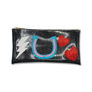 Black vinyl clutch with colorful appliques of some of Amy Winehouse's iconic tattoos. 