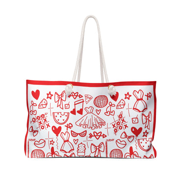 weekender tote bag red doodle back view double sided