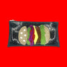 Glitter cheeseburger multiple toppings applique on a black glitter infused clutch.