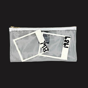 Clear Vinyl clutch with white applique polaroid pictures