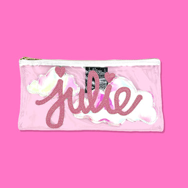Clear vinyl clutch with sparkly pink Julie applique with iridescent clouds