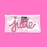 Clear vinyl clutch with sparkly pink Julie applique with iridescent clouds