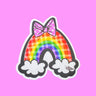 Sticker with a gingham rainbow design with a cute pink bow and fluffy clouds pictured on a pink background. 
