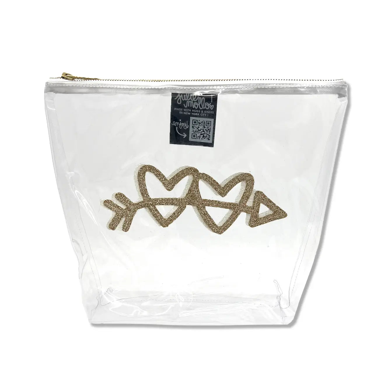 Clear viny travel sized bag with an arrow through two hearts in gold glitter vinyl.