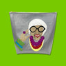 Colorful glitter canvas portrait of Iris Apfel on a glitter infused silver vinyl bag. Bag has a Julie Mollo custom XOXO zipper pull on the top.