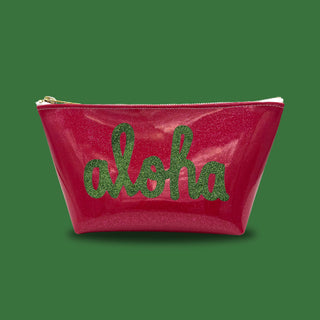 Cute and custom pink glitter infused vinyl pouch with a green glitter "aloha" applique sewn on the front.