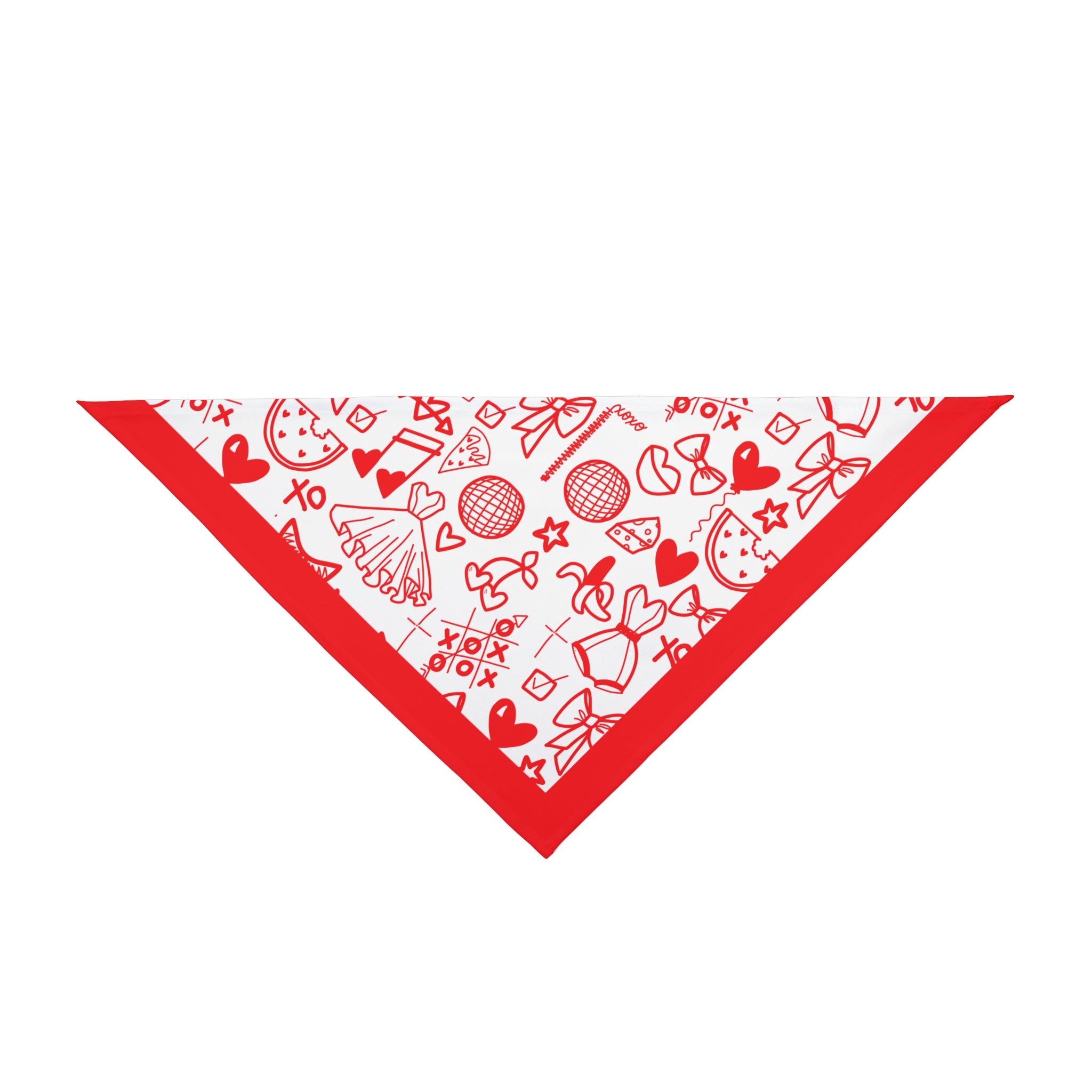 Red Doodle Print Dog Scarf – Cute & Playful Hand-Drawn Hearts, Bows & Fashion Icons for Stylish Pups