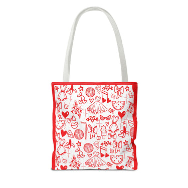 Red Doodle Print Tote Bag – Playful Hand-Drawn Hearts, Bows & Icons on White