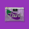Clear vinyl clutch with a sparkly eggplant applique. On top of the eggplant is a silver glittery name applique.