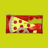 Red glittery vinyl clutch that features fun NYC icons like pepperoni, a yellow cab, a golden street pretzel, and a lime green Statue of Liberty. 
