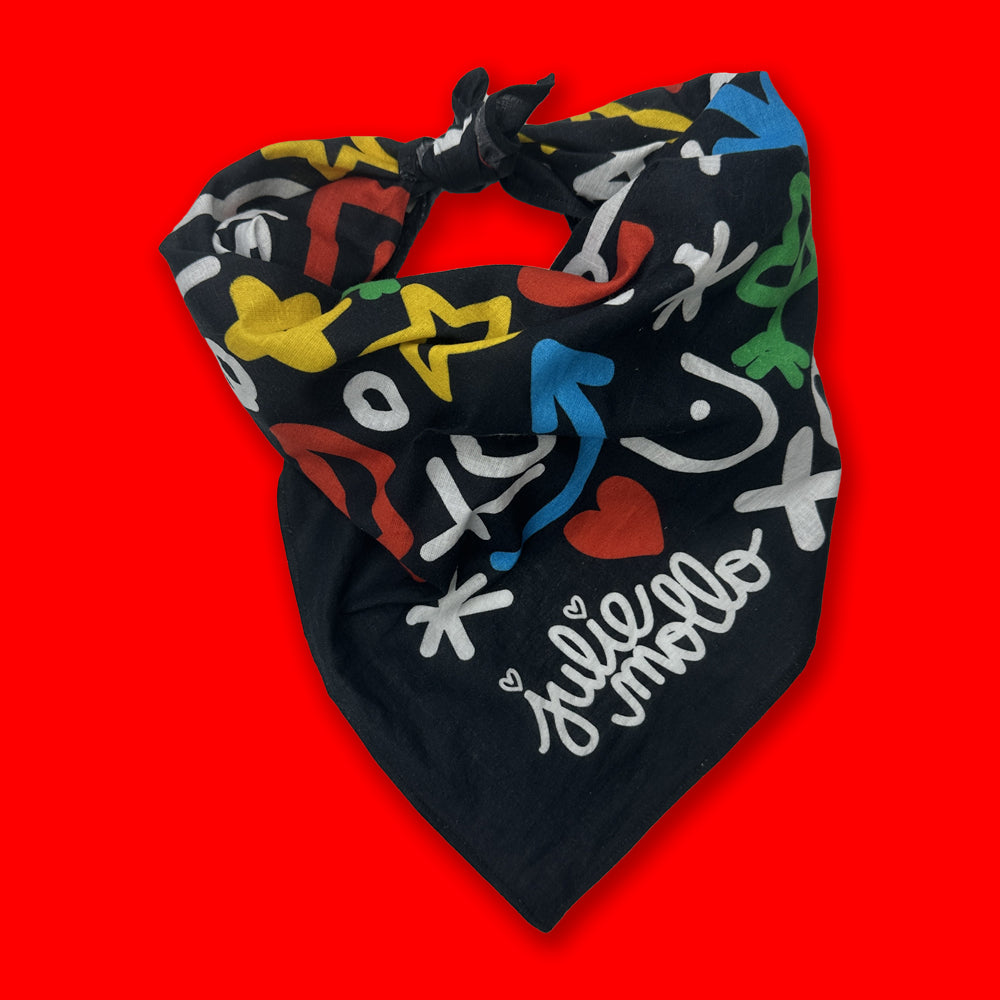 Colorful doodle print cotton bandana with Julie Mollo signature on bottom. 
