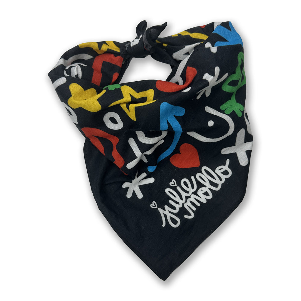 Colorful doodle print cotton bandana with Julie Mollo signature on bottom on a white background. 