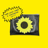 yellow Glitter sunflower applique sewn on a black glitter vinyl clutch. 