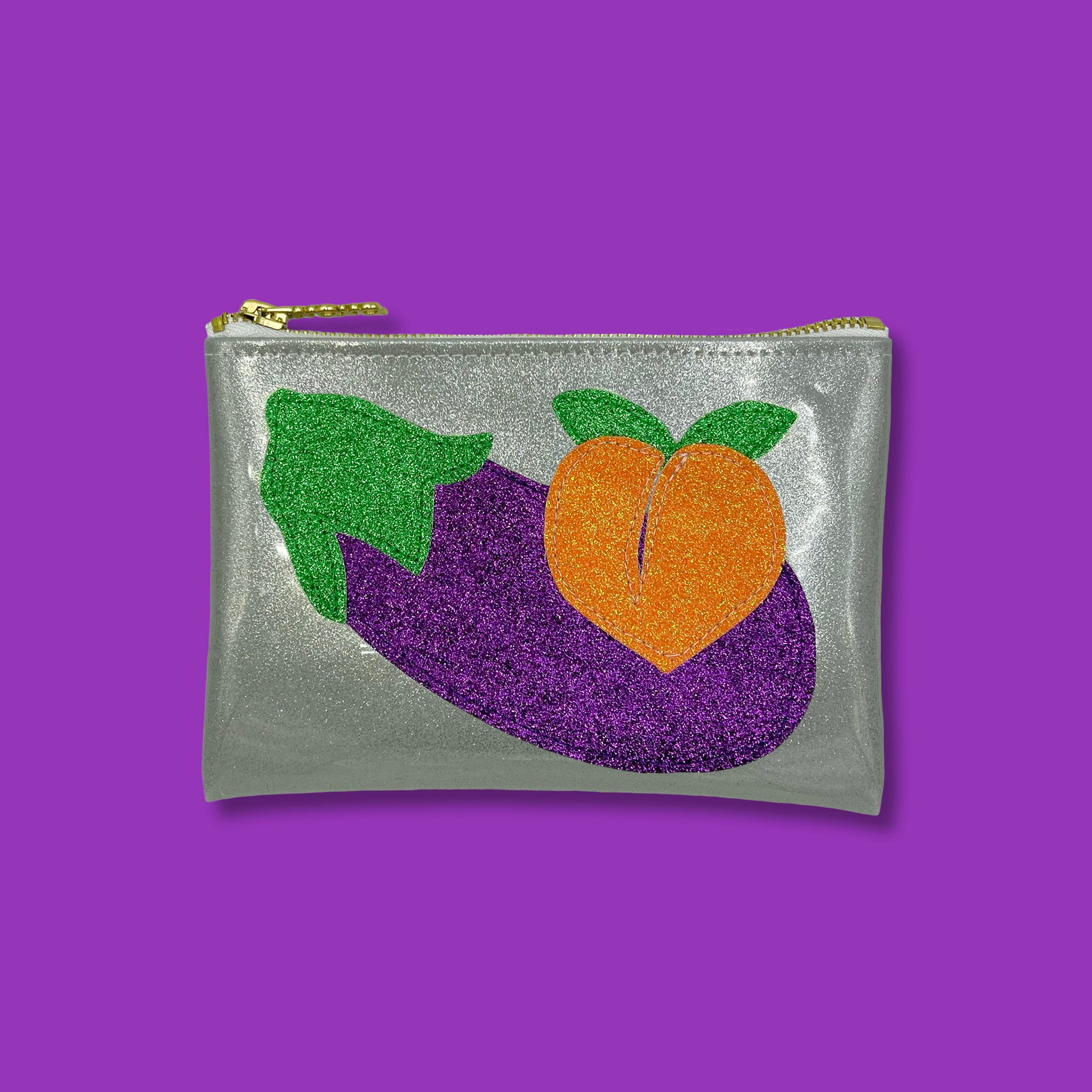 Silver Glitter Vinyl Zipper Clutch with glitter canvas eggplant and peach emoji appliques