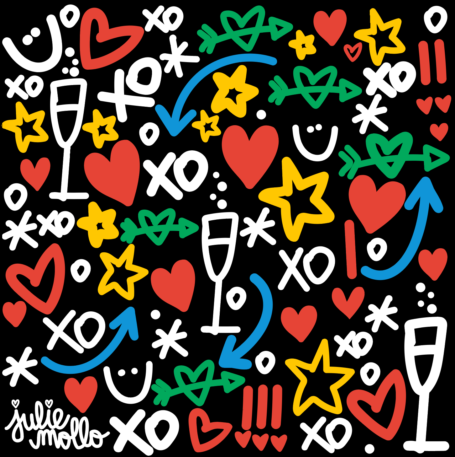 Digital image of red, white, green, yellow, blue, and black cotton bandana pattern with fun and cute doodles with the Julie Mollo signature at the bottom. 