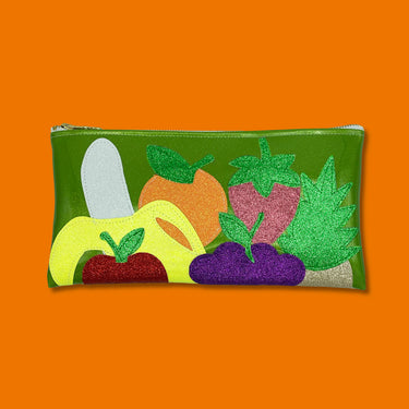 Sparkly banana, orange, apple, grapes, pineapple, and strawberry applique sewn onto a green glitter infused vinyl clutch. On the top of the clutch is a cute XOXO zipper that is custom to Julie Mollo!.