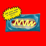 Fun and customizable clutch that features a glittery hot dog with mustard on a blue glitter infused vinyl. Clutch is pictured on a red background. 