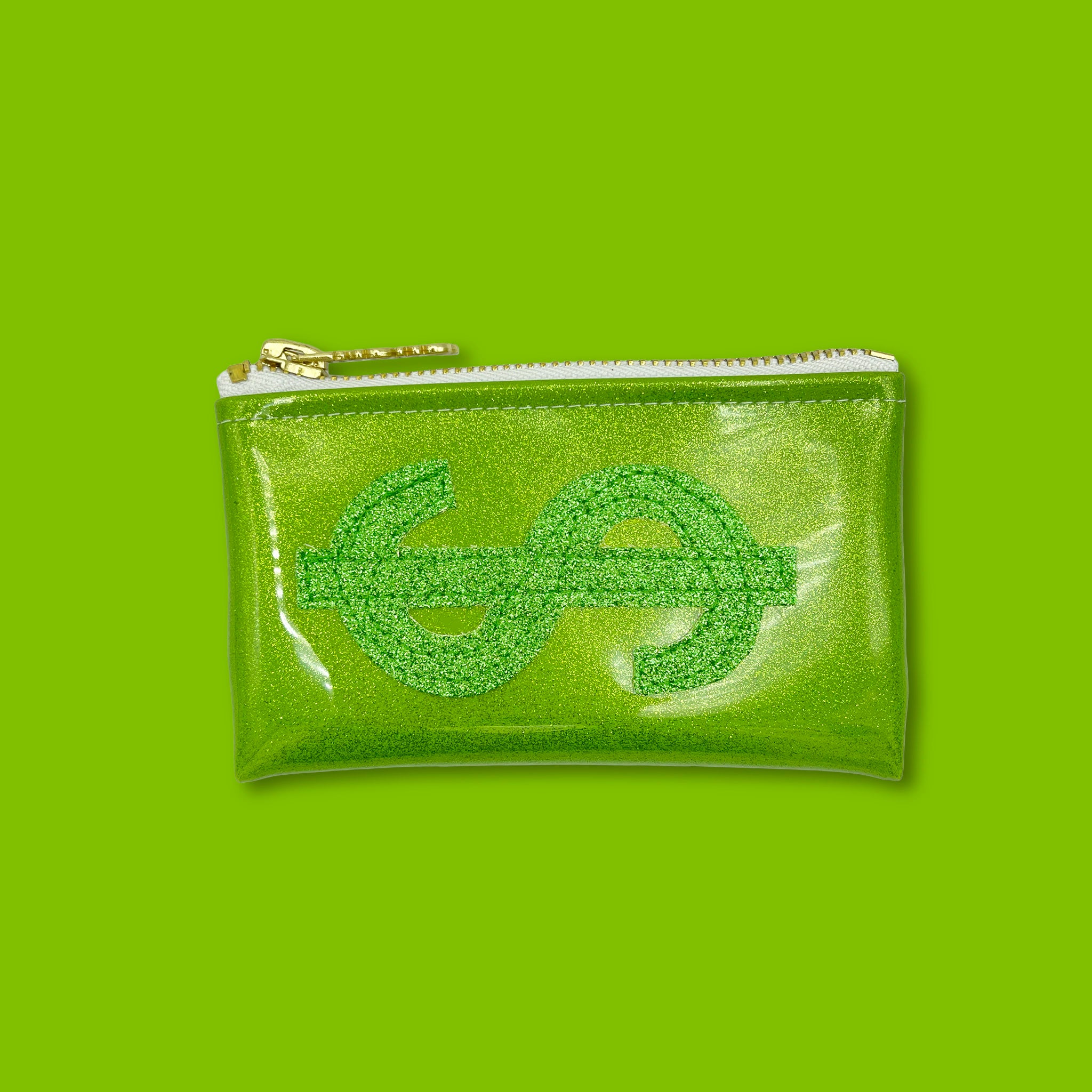 Cute and sparkly green vinyl keychain clutch with a glittery canvas dollar sign on the front. The clutch is adorned on top with a cute and fun XOXO zipper pull that is custom for Julie Mollo! clutches.