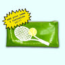 Sparkly white tennis racket with a yellow tennis ball sewn onto a green glitter infused vinyl clutch. On the top of the clutch is a cute XOXO zipper that is custom to Julie Mollo!. Clutch is available for customization.