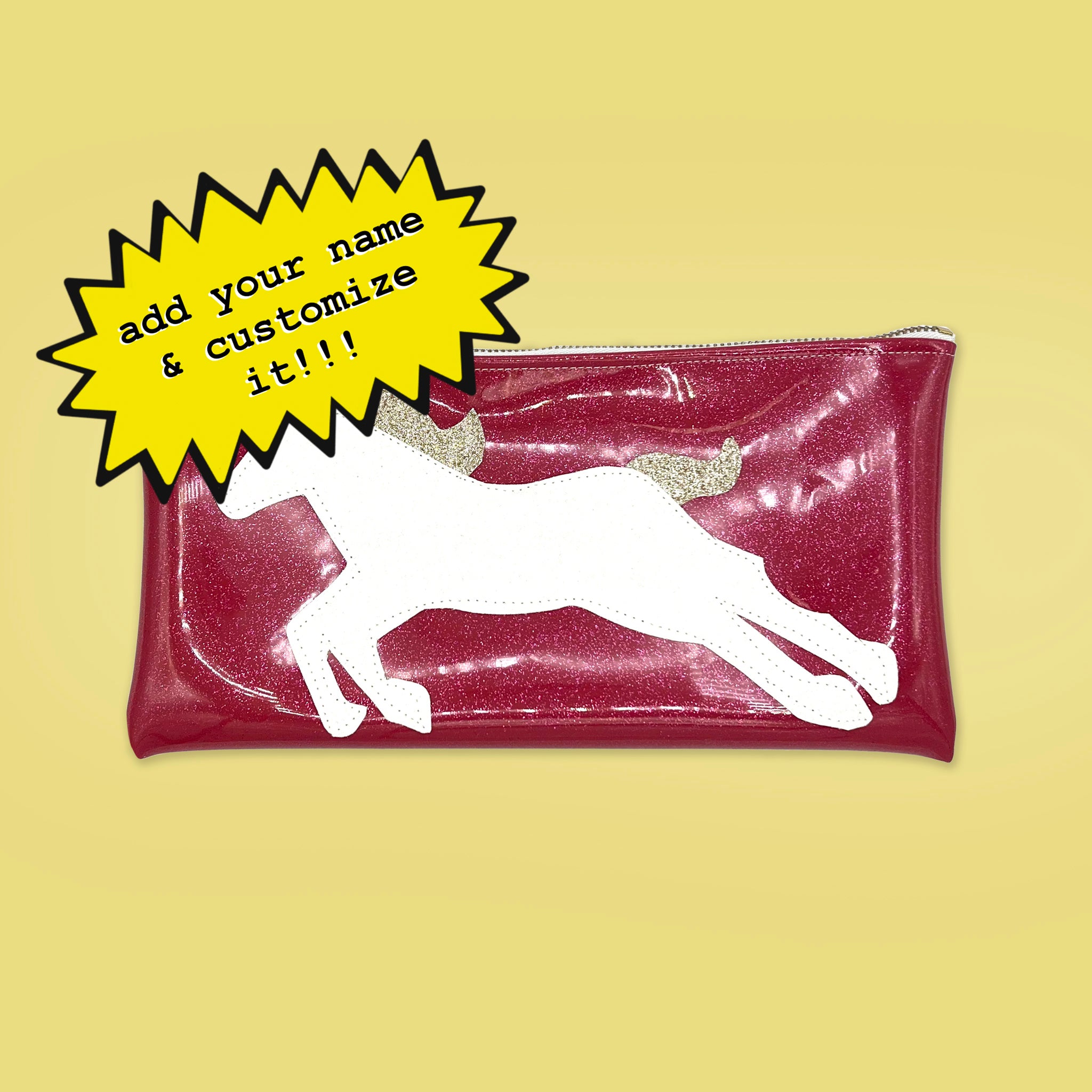 Cute and customizable Sparkly whiteand gold unicorn applique sewn onto a pink glitter infused vinyl clutch. On the top of the clutch is a cute XOXO zipper that is custom to Julie Mollo!.
 