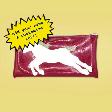 Cute and customizable Sparkly whiteand gold unicorn applique sewn onto a pink glitter infused vinyl clutch. On the top of the clutch is a cute XOXO zipper that is custom to Julie Mollo!.
 