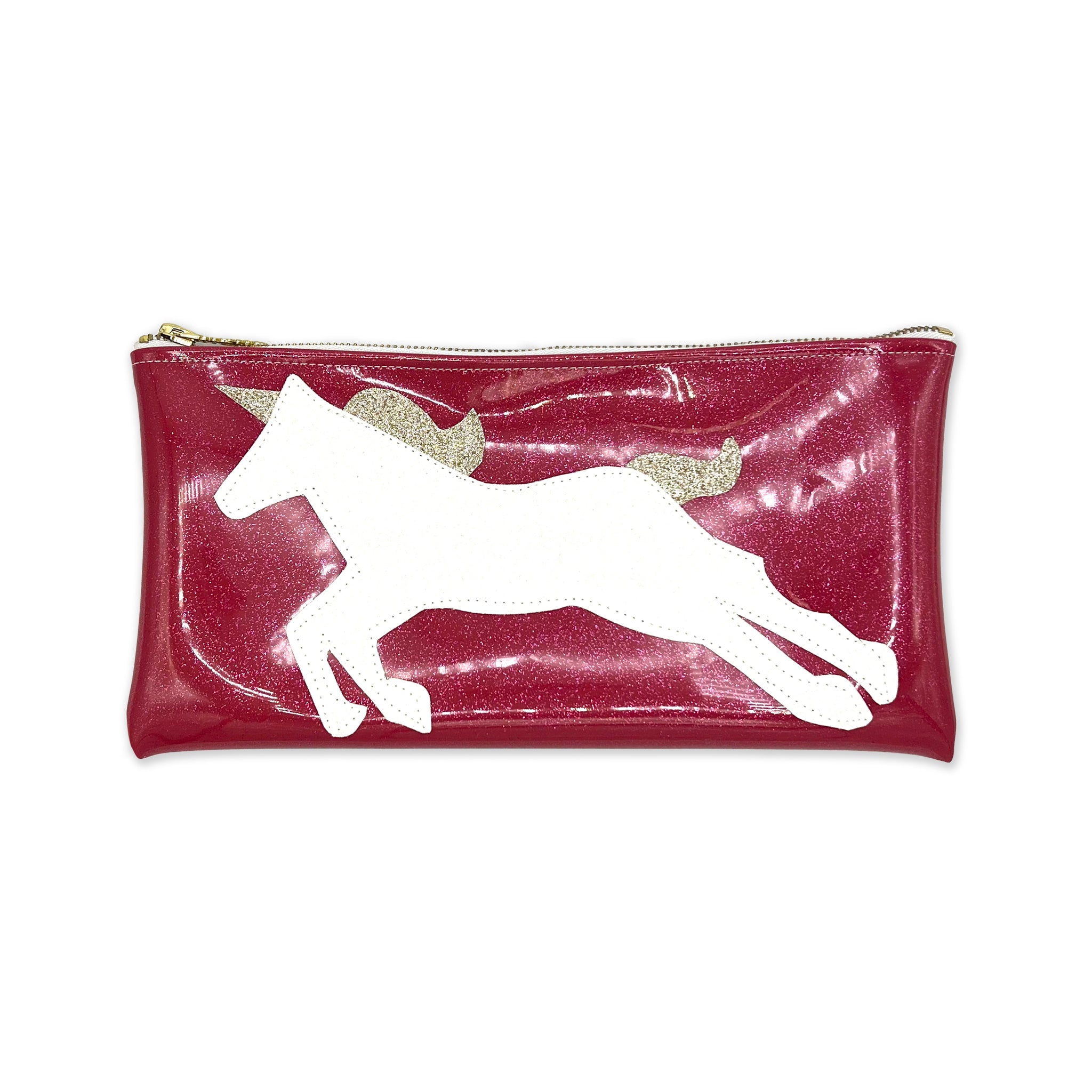 Cute and customizable Sparkly whiteand gold unicorn applique sewn onto a pink glitter infused vinyl clutch. On the top of the clutch is a cute XOXO zipper that is custom to Julie Mollo!.
